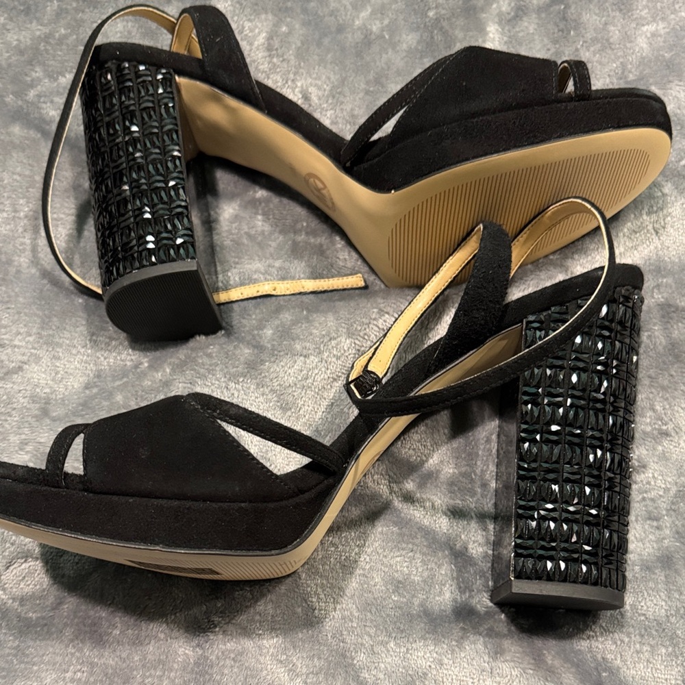 MICHAEL Michael Kors Black Strappy Platform Sandals with Embellished Block Heel